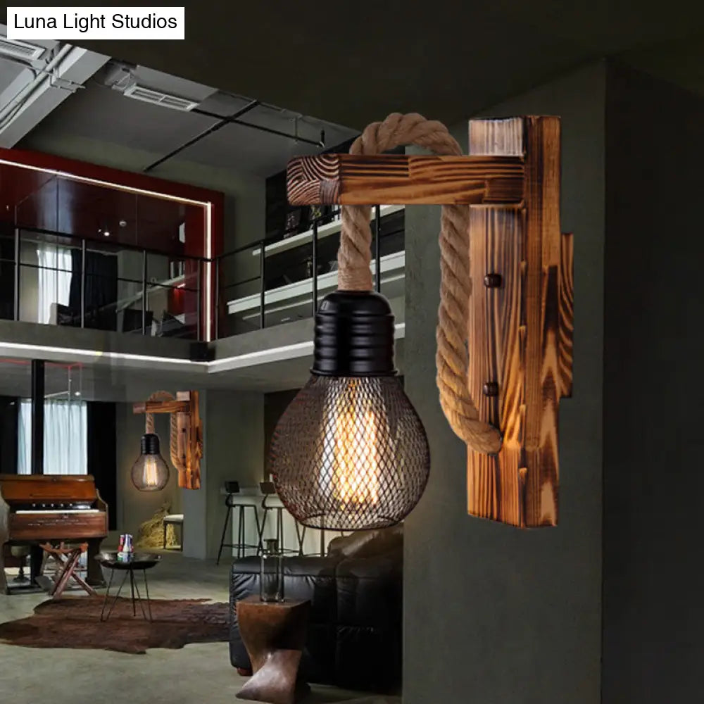 Wall Lamp Scandinavian Wood & Metal Rope Arm