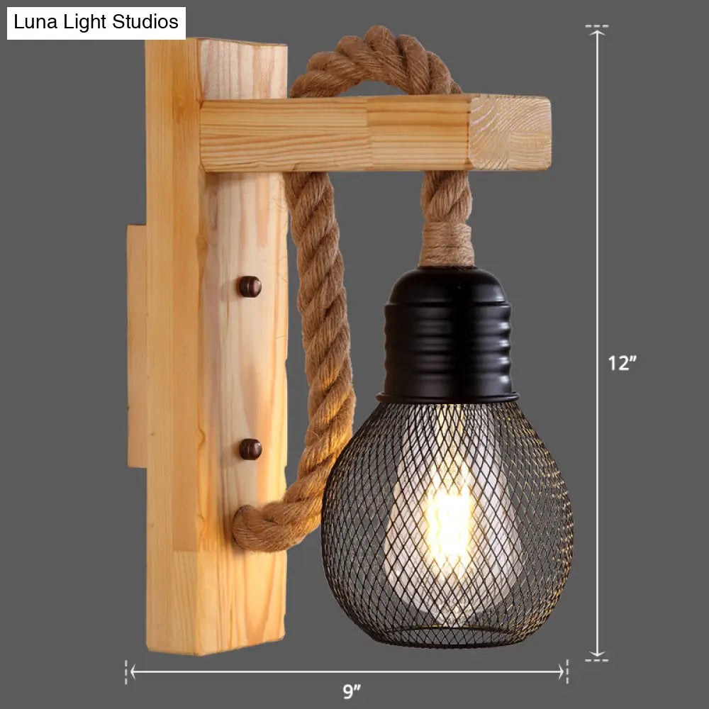 Wall Lamp Scandinavian Wood & Metal Rope Arm