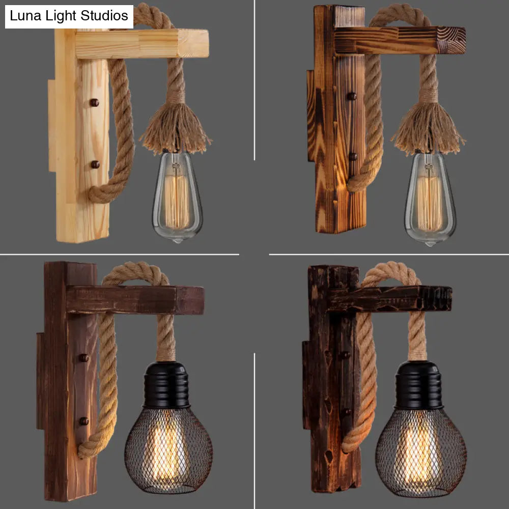 Wall Lamp Scandinavian Wood & Metal Rope Arm