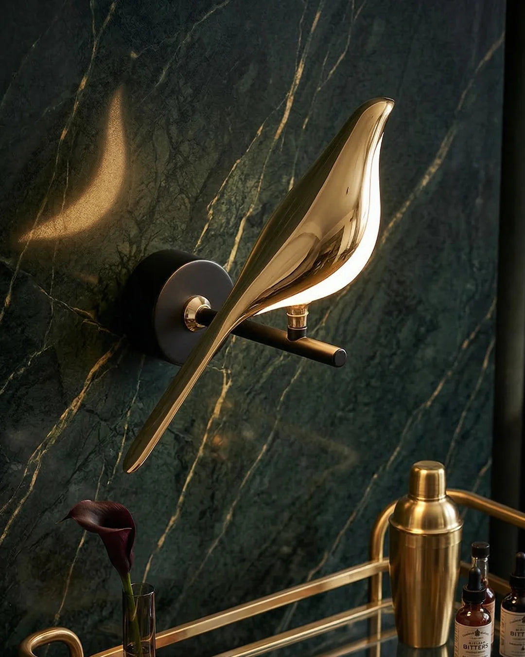 Wall Lamp Sculptural Bird Frosted Glass & Gold Finish