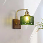 Wall Light Green Glass Scale Shade Wooden Base