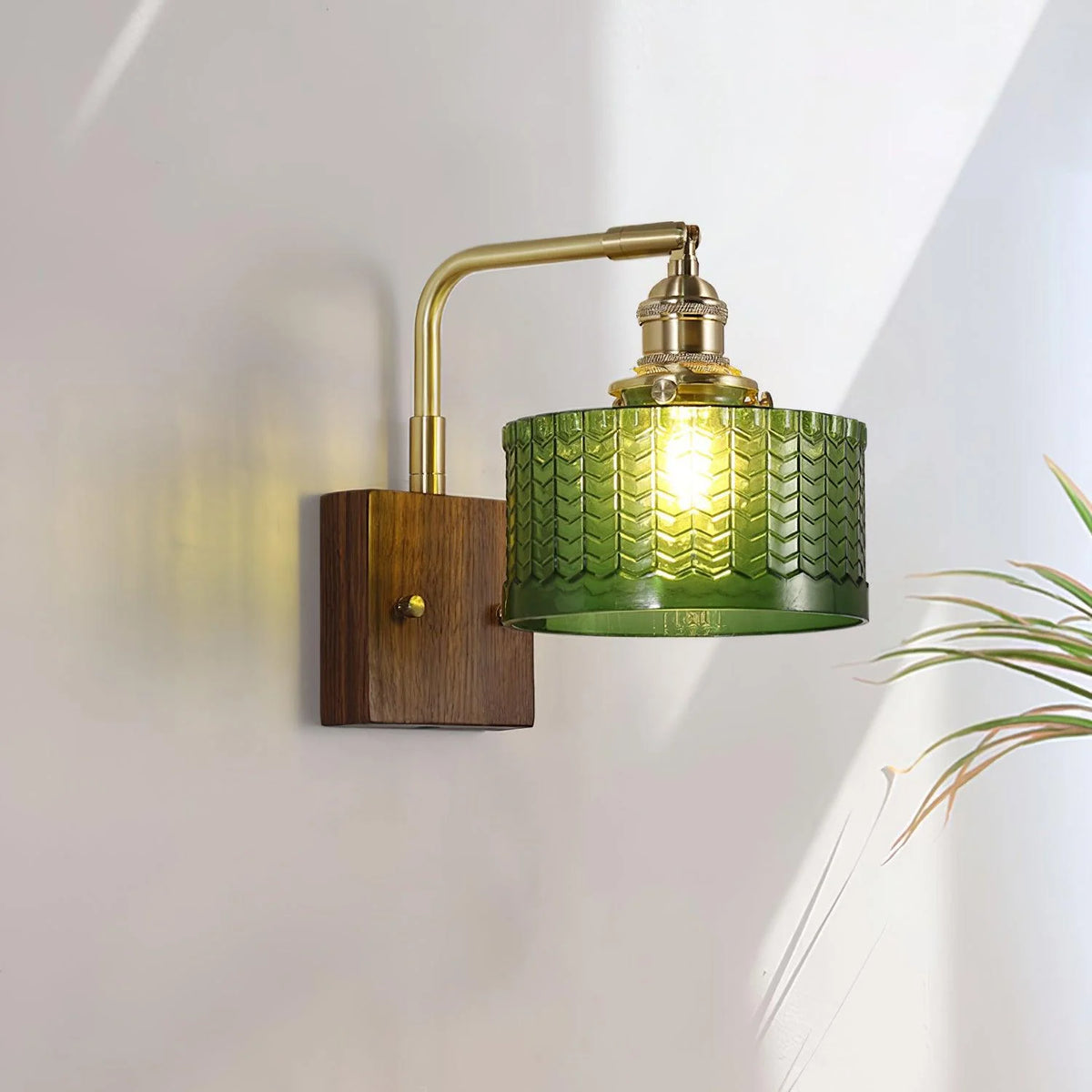 Wall Light Green Glass Scale Shade Wooden Base