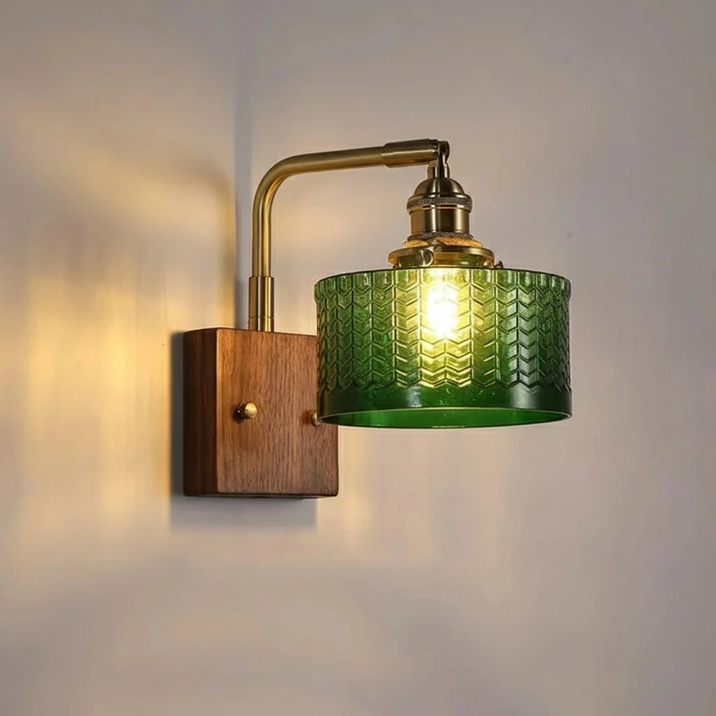 Wall Light Green Glass Scale Shade Wooden Base
