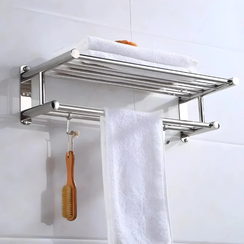 Wall-Mount Double Towel Rack Stainless Steel Hooks & Space-Saving