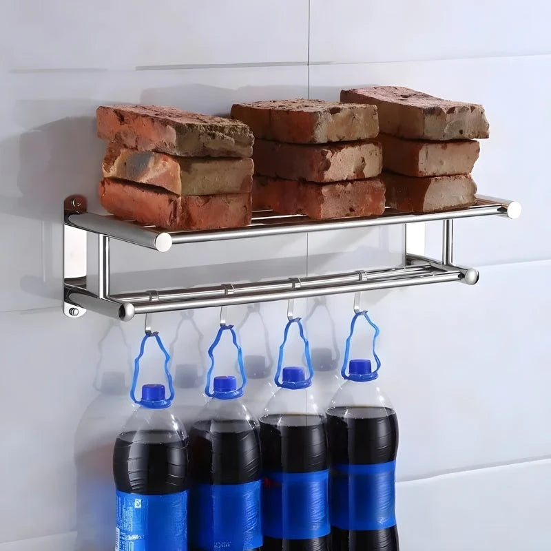 Wall-Mount Double Towel Rack Stainless Steel Hooks & Space-Saving