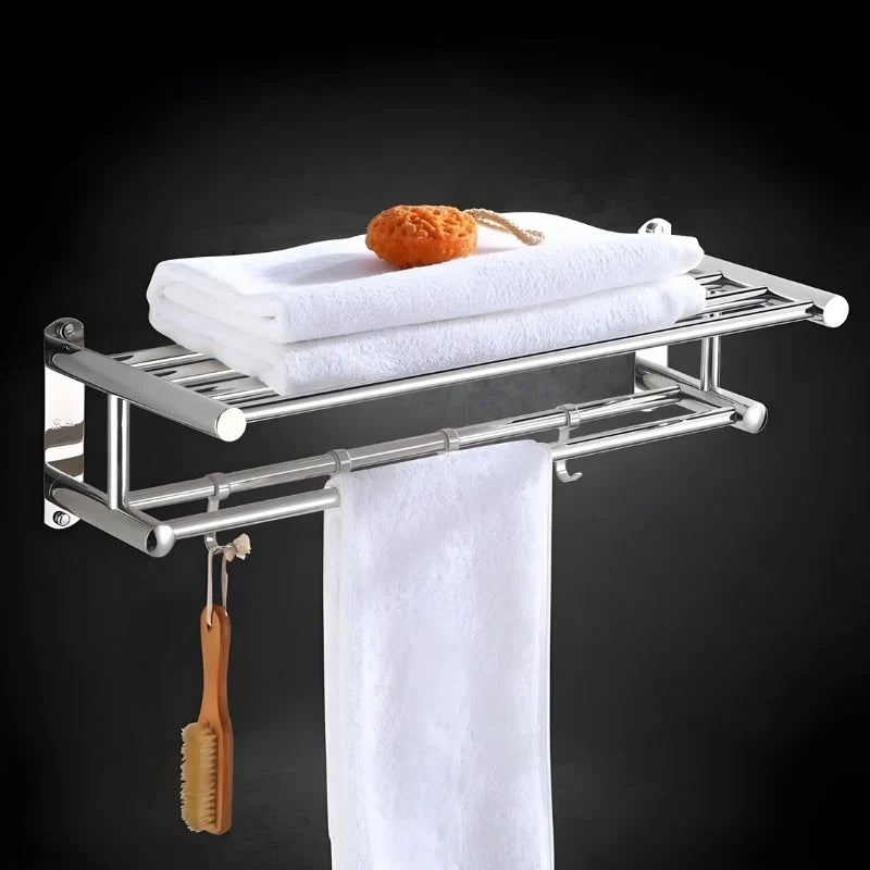 Wall-Mount Double Towel Rack Stainless Steel Hooks & Space-Saving