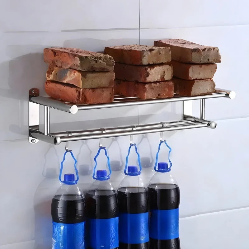 Wall-Mount Double Towel Rack Stainless Steel Hooks & Space-Saving
