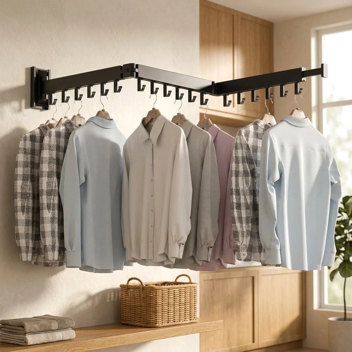 Wall-Mounted Clothes Drying Rack Fold-Flat Aluminum 18 Hooks