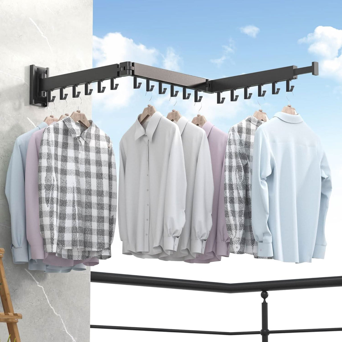 Wall-Mounted Clothes Drying Rack Fold-Flat Aluminum 18 Hooks
