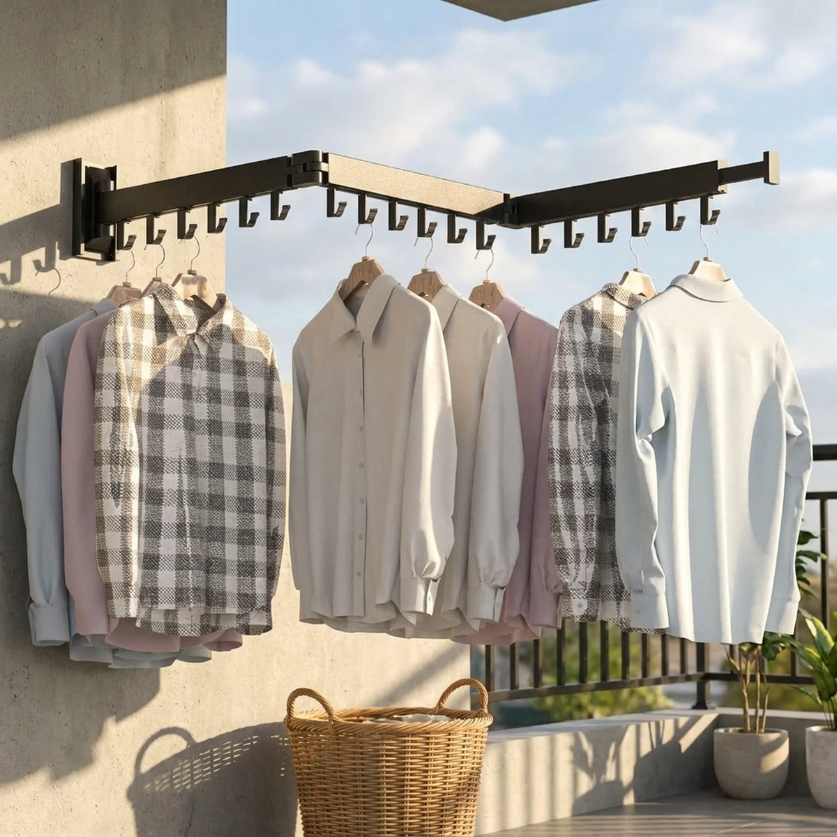 Wall-Mounted Clothes Drying Rack Fold-Flat Aluminum 18 Hooks