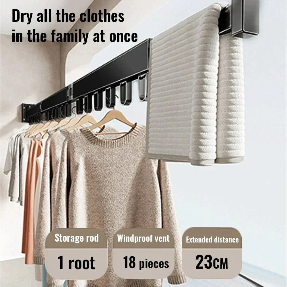 Wall-Mounted Clothes Drying Rack Fold-Flat Aluminum 18 Hooks
