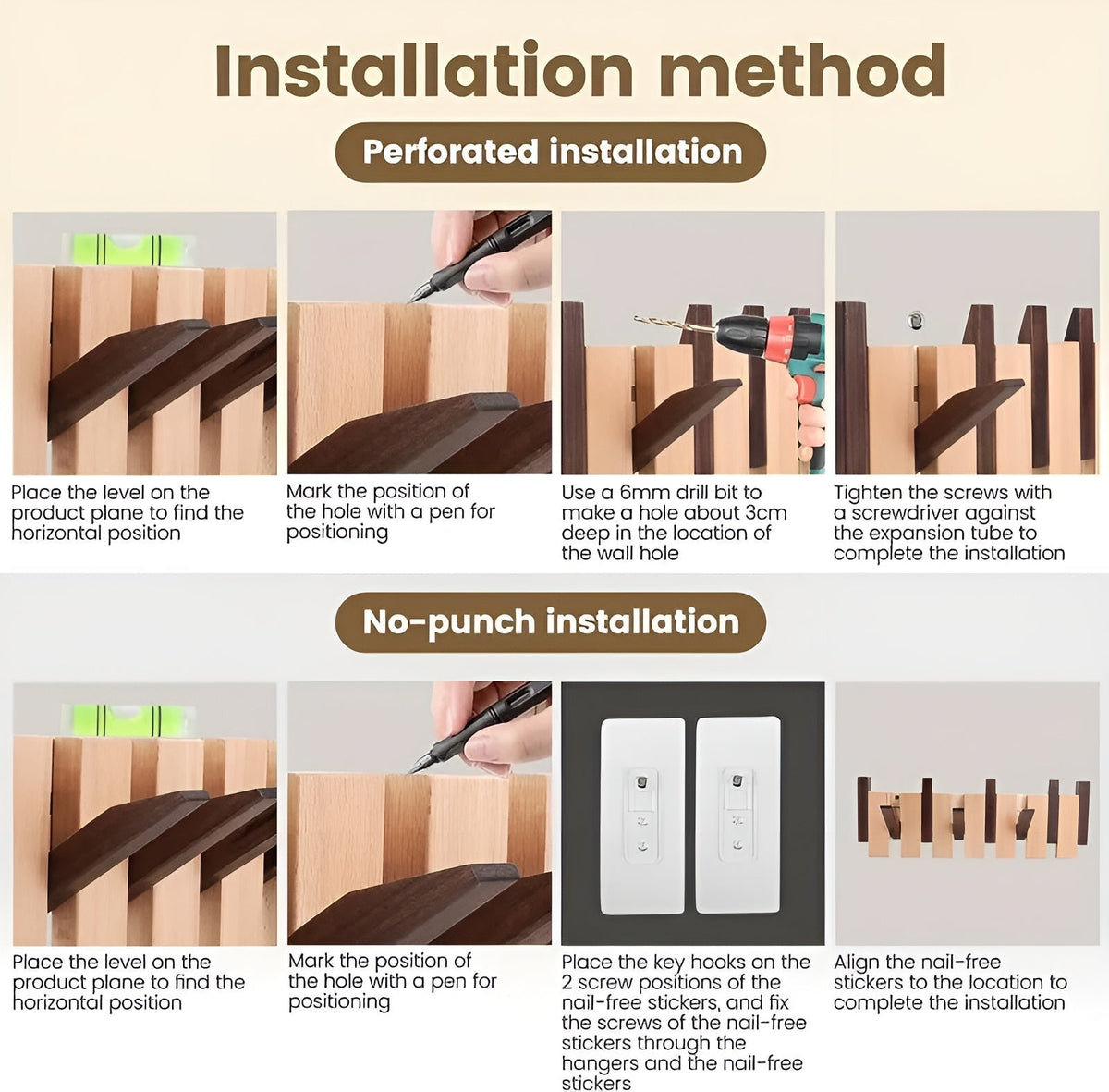 Wall-Mounted Coat Rack Foldable Hooks Solid Walnut