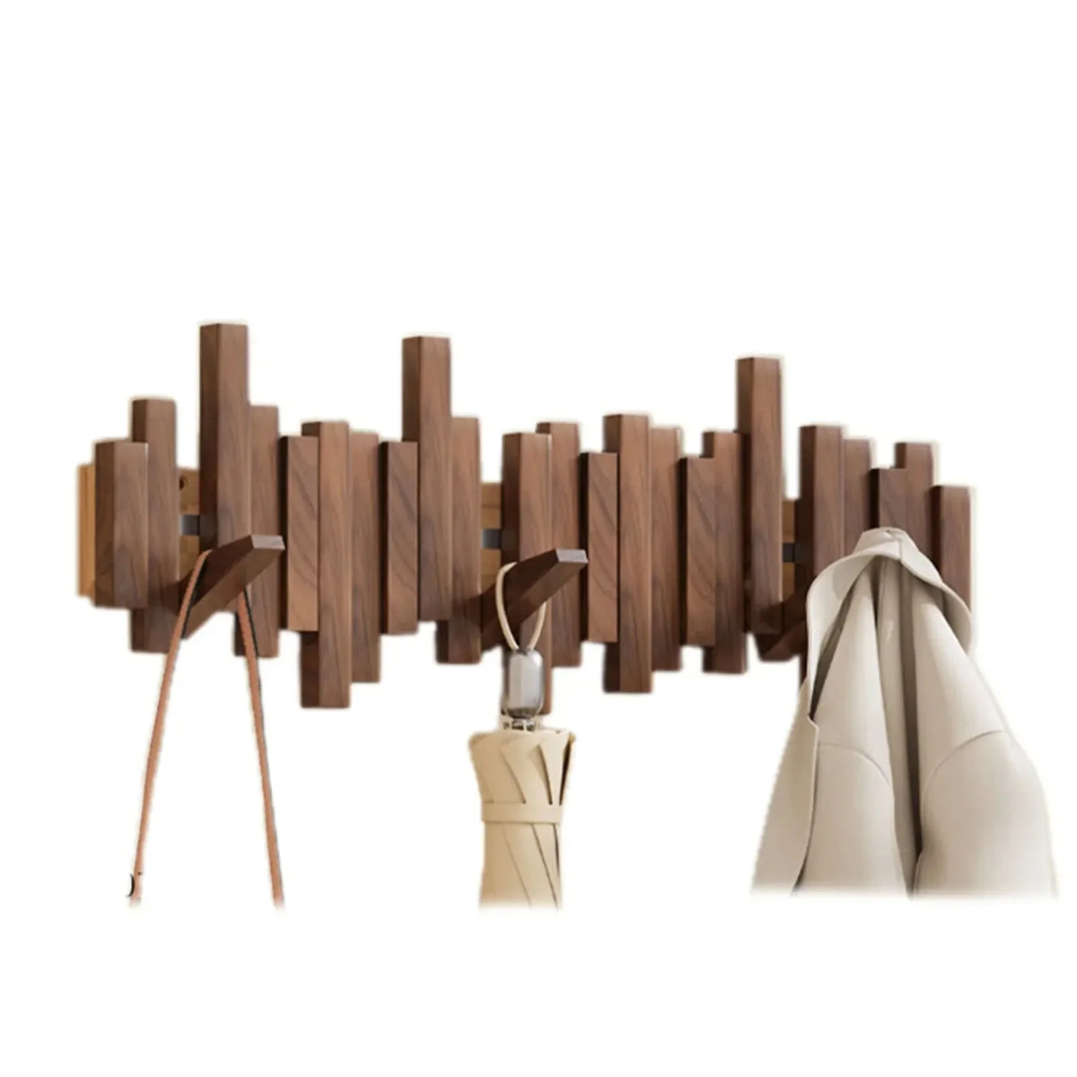 Wall-Mounted Coat Rack Magnetic Foldable Hooks Natural Wood