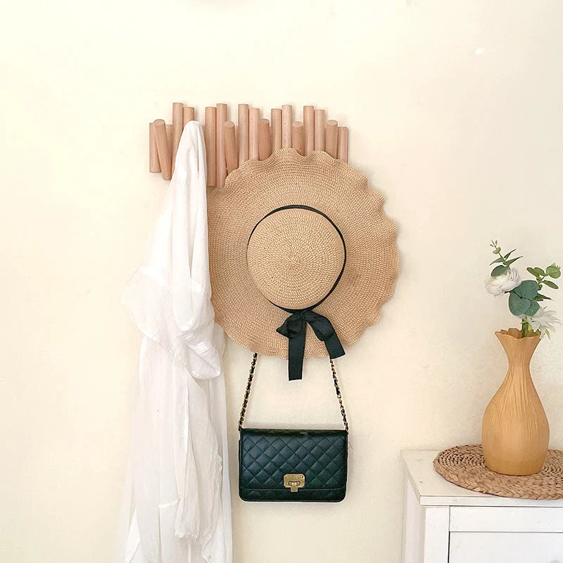 Wall-Mounted Coat Rack Natural Wood Retractable Fold-In Hooks