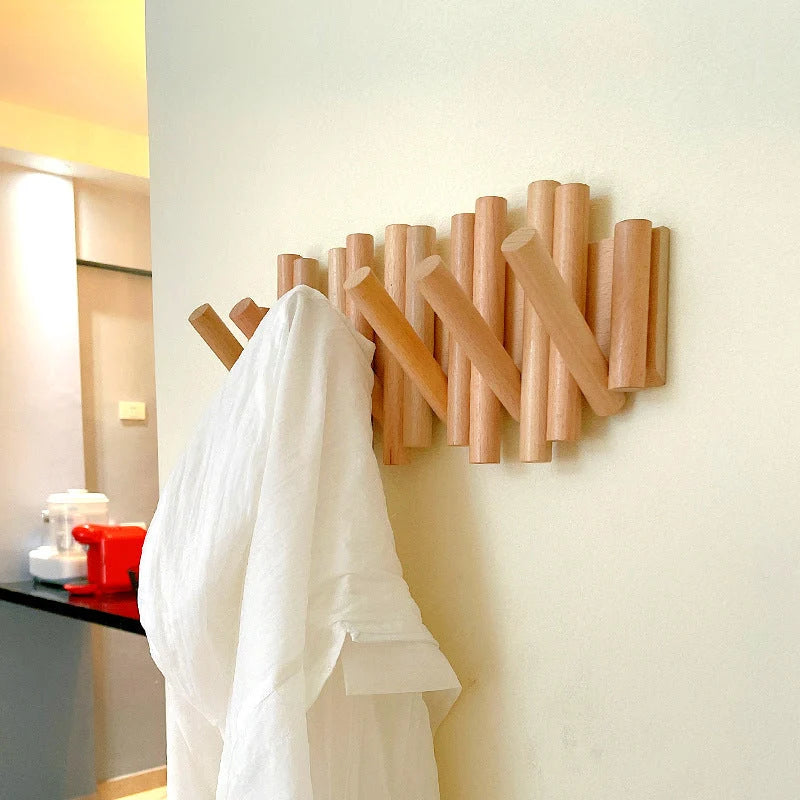 Wall-Mounted Coat Rack Natural Wood Retractable Fold-In Hooks