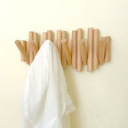 Wall-Mounted Coat Rack Natural Wood Retractable Fold-In Hooks