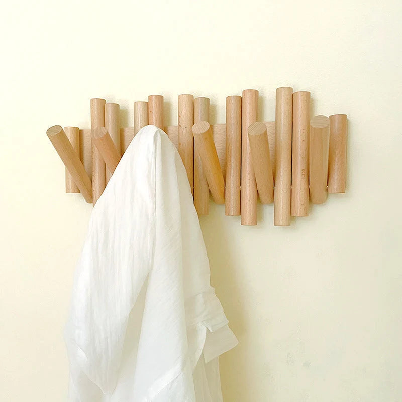 Wall-Mounted Coat Rack Natural Wood Retractable Fold-In Hooks