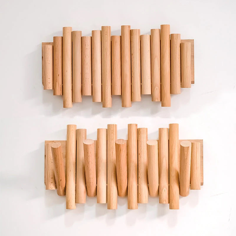 Wall-Mounted Coat Rack Natural Wood Retractable Fold-In Hooks