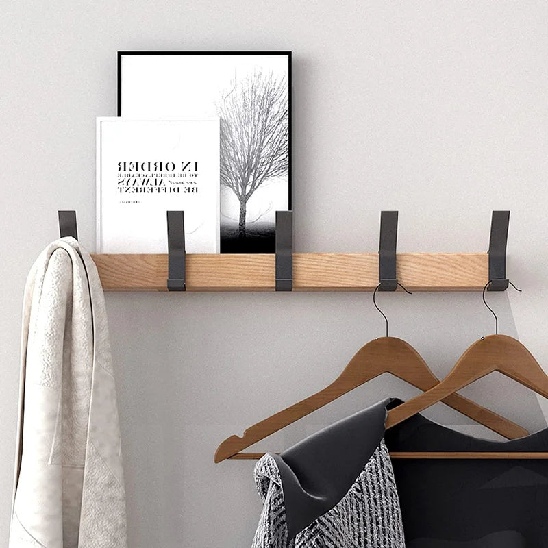 Wall-Mounted Coat Rack Rubberwood & Aluminum Five Swiveling Hooks