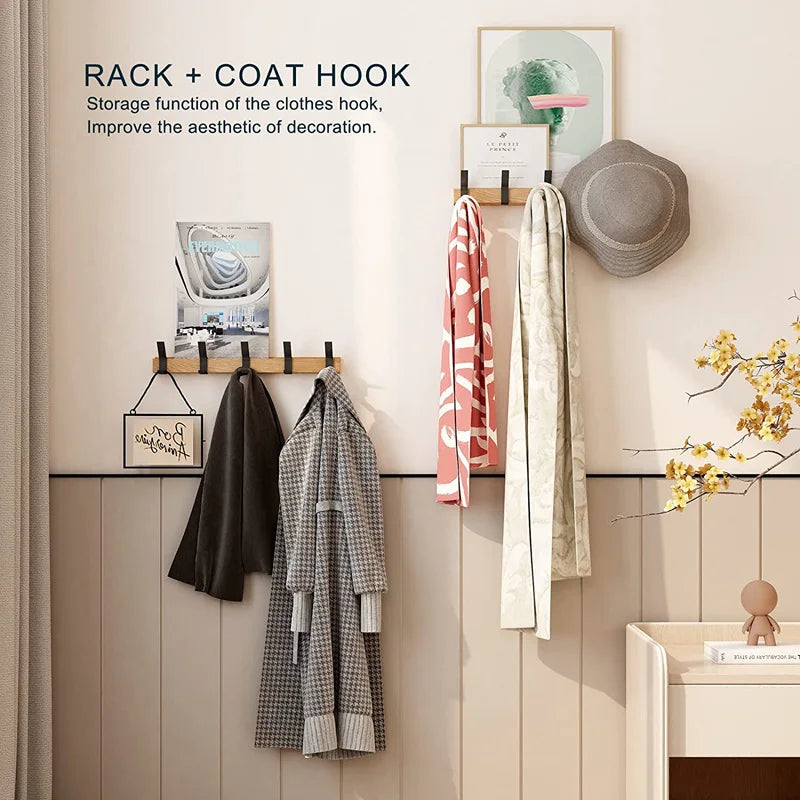 Wall-Mounted Coat Rack Rubberwood & Aluminum Five Swiveling Hooks
