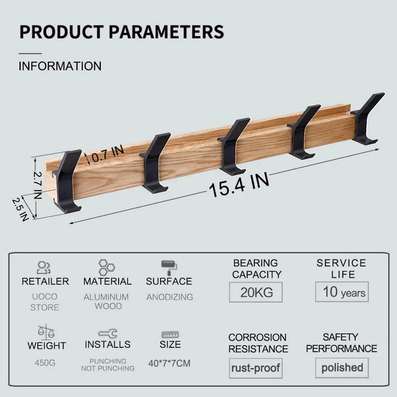 Wall-Mounted Coat Rack Rubberwood & Aluminum Five Swiveling Hooks