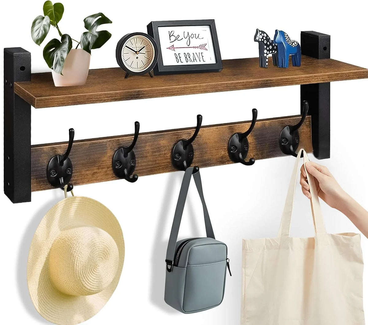 Wall-Mounted Coat Rack Rustic Wood Shelf 5 Double Hooks