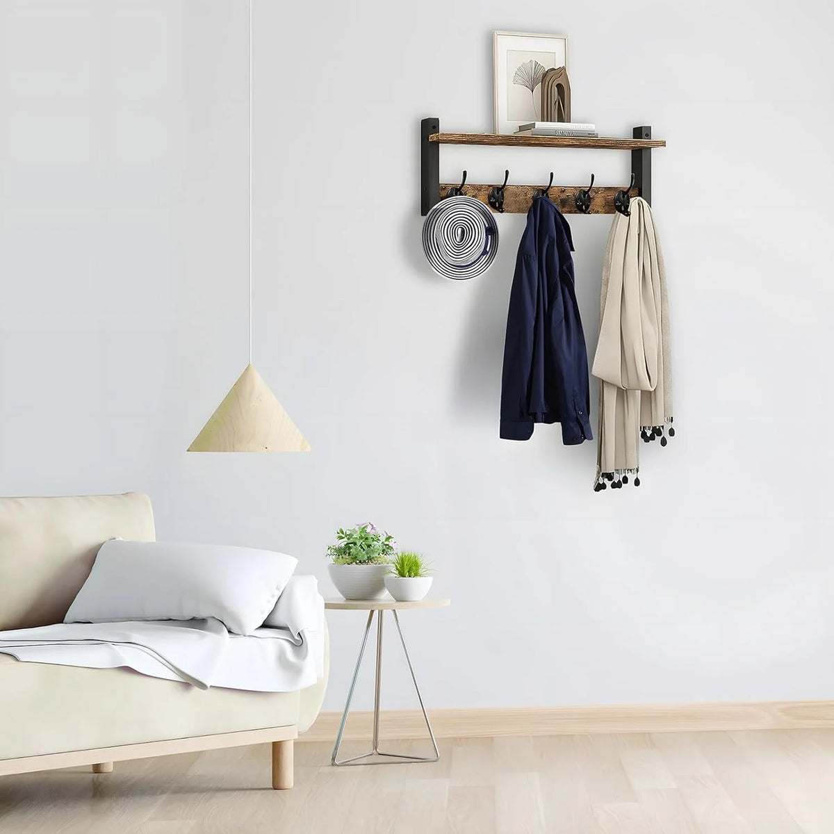 Wall-Mounted Coat Rack Rustic Wood Shelf 5 Double Hooks