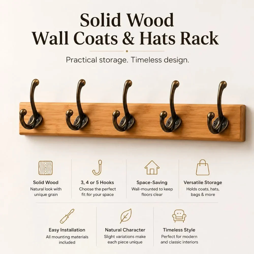 Wall-Mounted Coat Rack Solid Wood 3-5 Hooks With Hardware