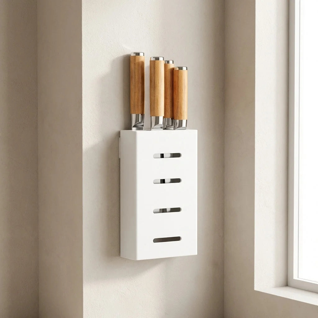 Wall-Mounted Knife Holder No-Drill Adhesive Carbon Steel Space-Saving