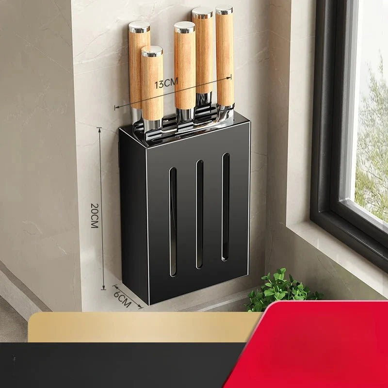Wall-Mounted Knife Holder No-Drill Adhesive Carbon Steel Space-Saving
