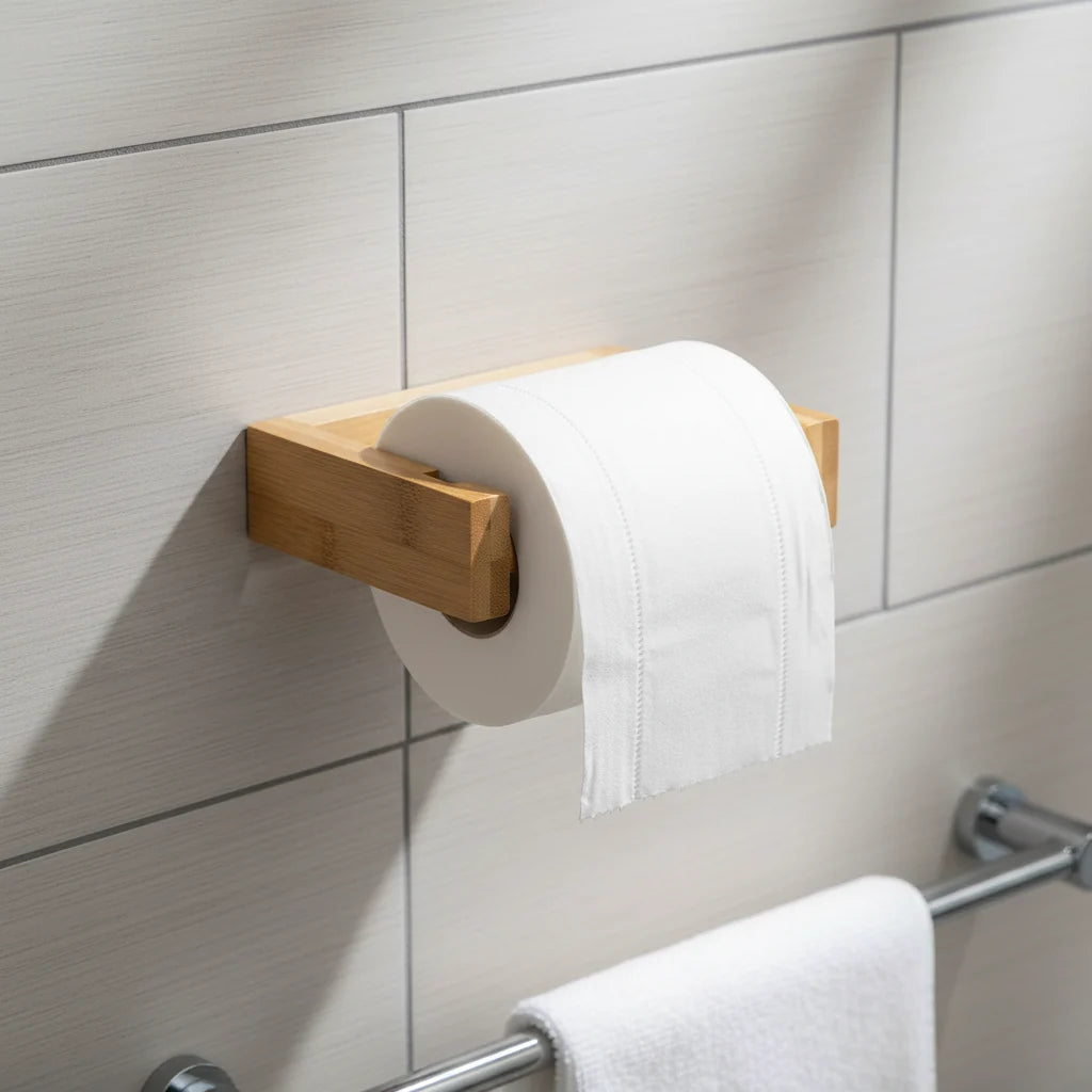 Wall-Mounted Toilet Paper Holder Bamboo Self-Adhesive Space-Saving