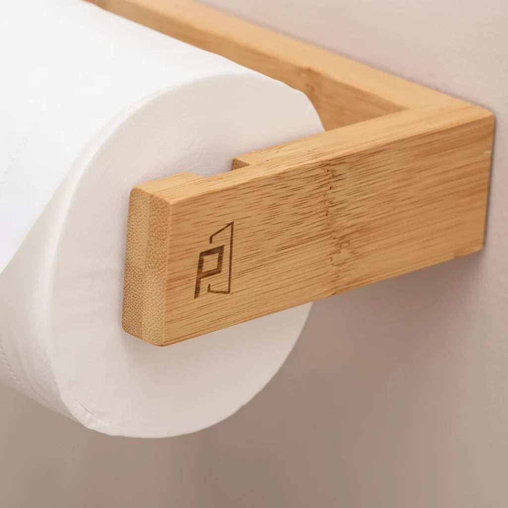 Wall-Mounted Toilet Paper Holder Bamboo Self-Adhesive Space-Saving