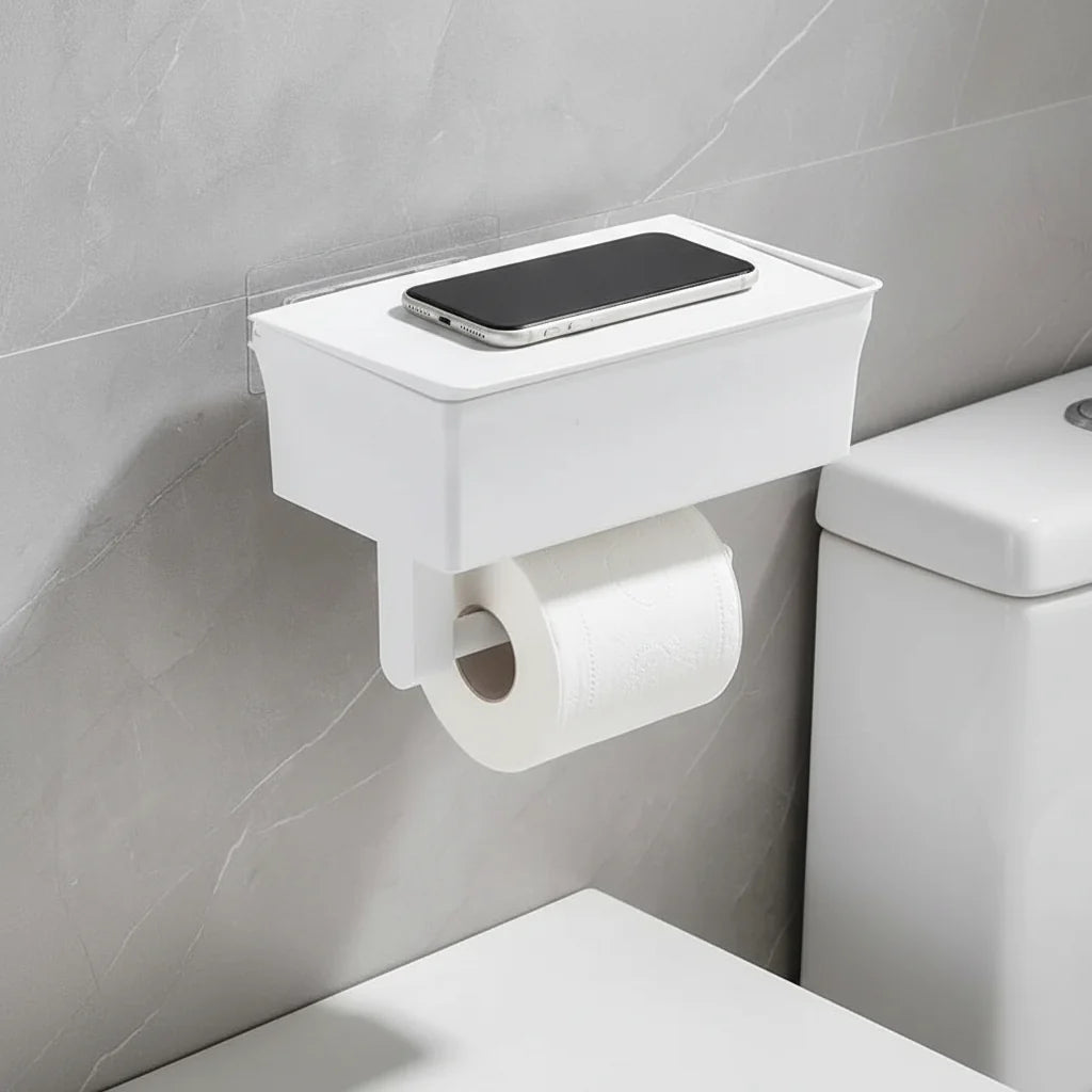 Wall-Mounted Toilet Paper Holder Integrated Drawer & Phone Rest