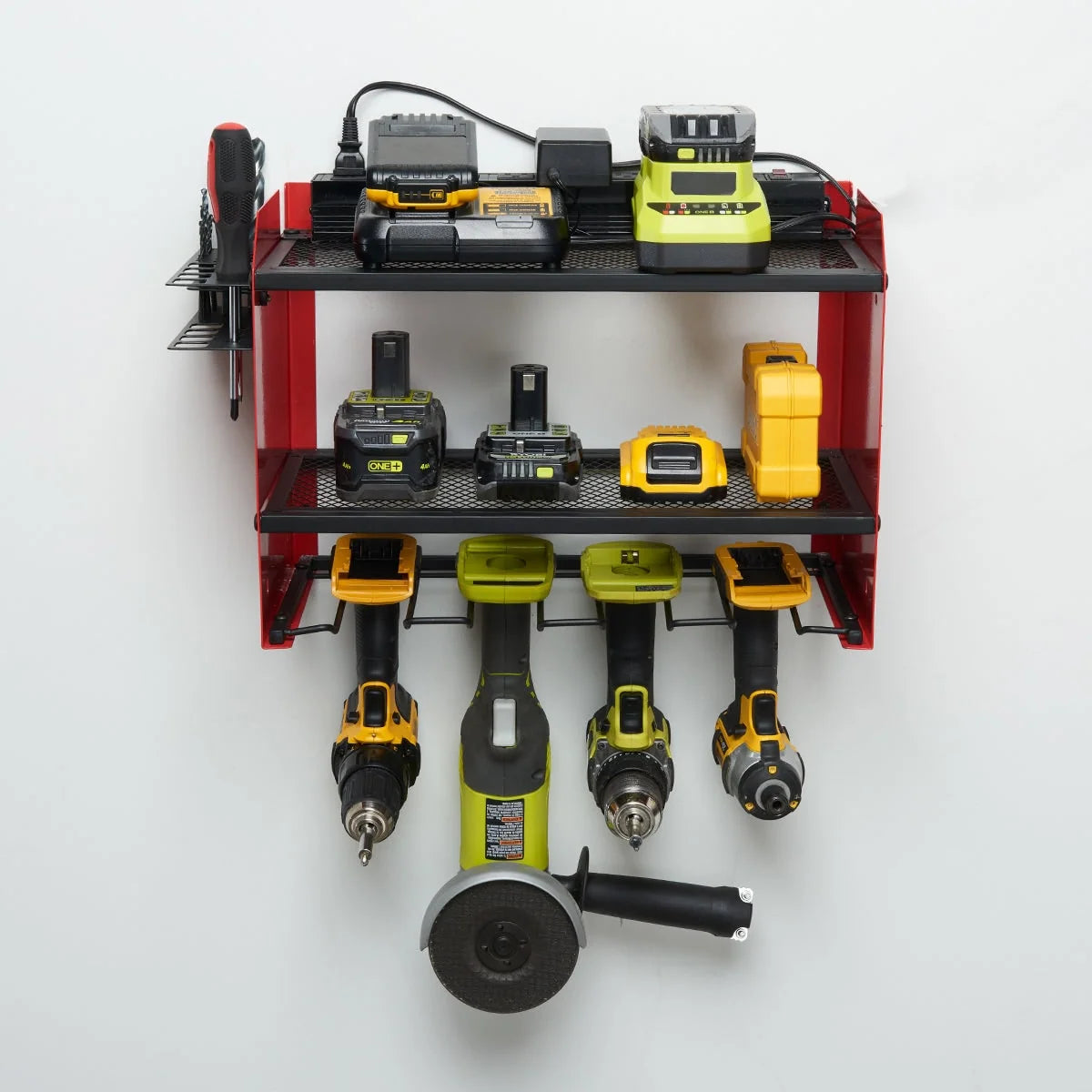 Wall-Mounted Tool Organizer Surge-Protected 8-Outlet Metal Shelves & Drill Slots
