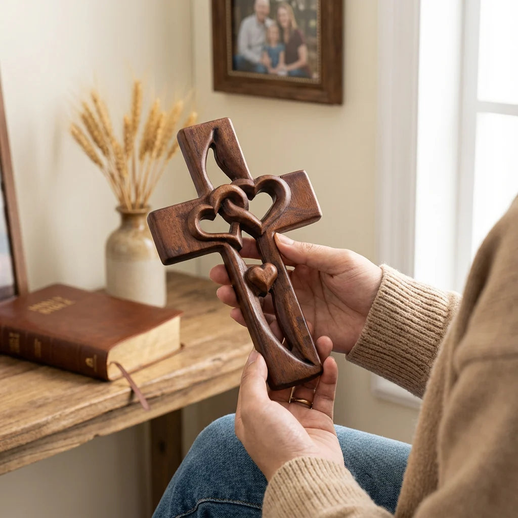 Wall Ornament Handcrafted Natural Wood Intertwined Heart Cross
