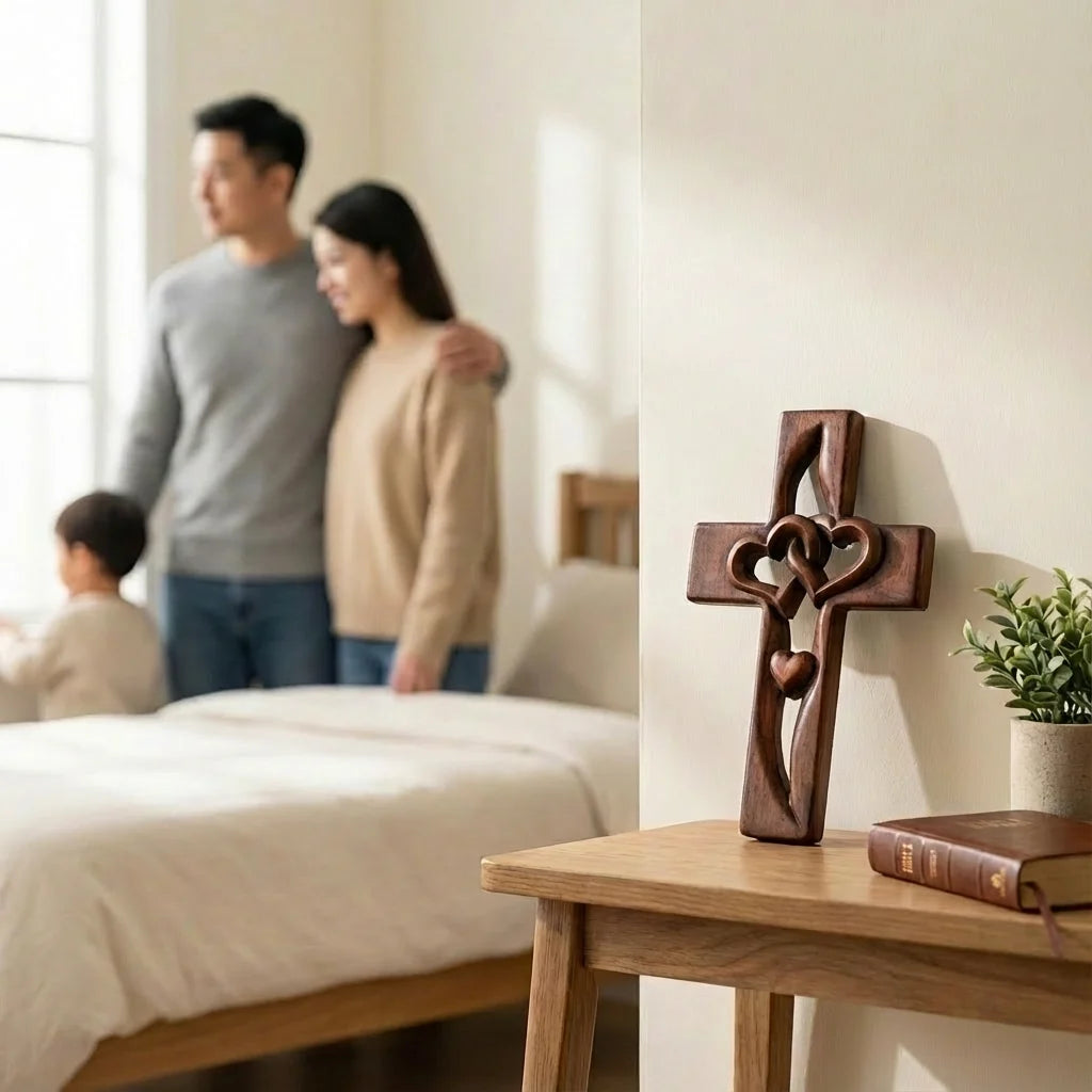 Wall Ornament Handcrafted Natural Wood Intertwined Heart Cross