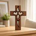 Wall Ornament Handcrafted Natural Wood Intertwined Heart Cross