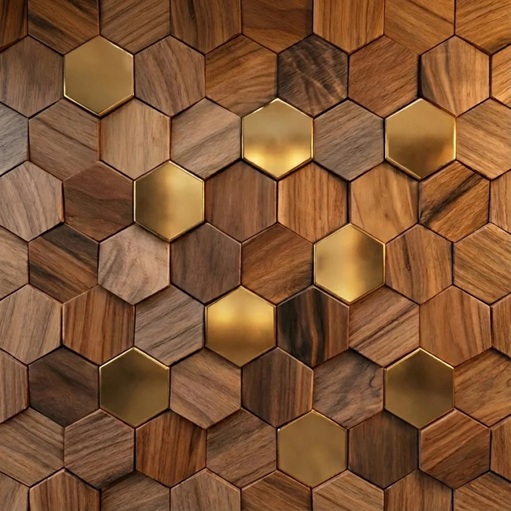 Wall Panel Solid Wood Hexagonal Mosaic Walnut Finish