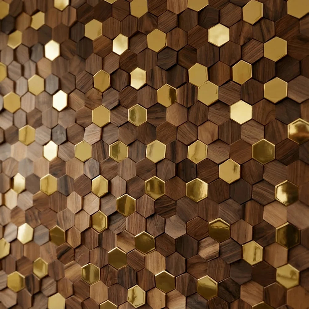 Wall Panel Solid Wood Hexagonal Mosaic Walnut Finish