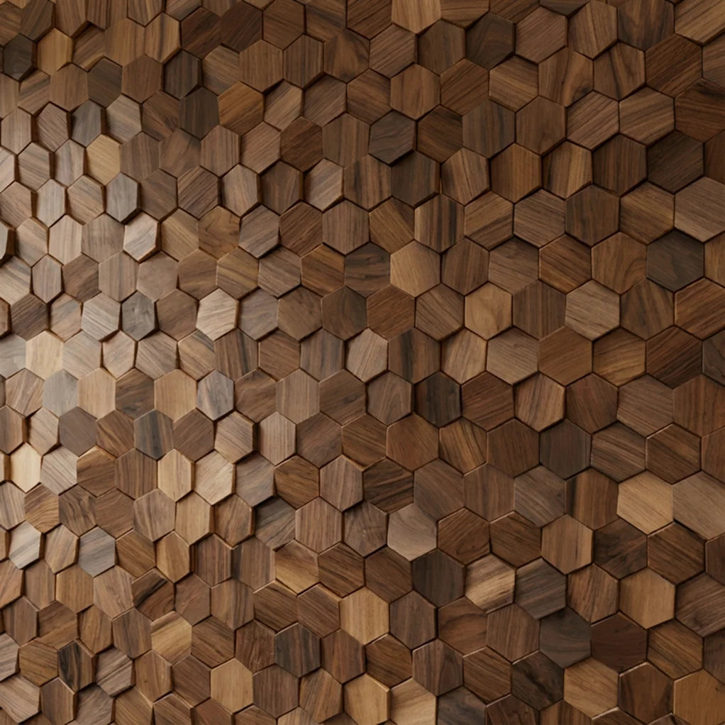 Wall Panel Solid Wood Hexagonal Mosaic Walnut Finish