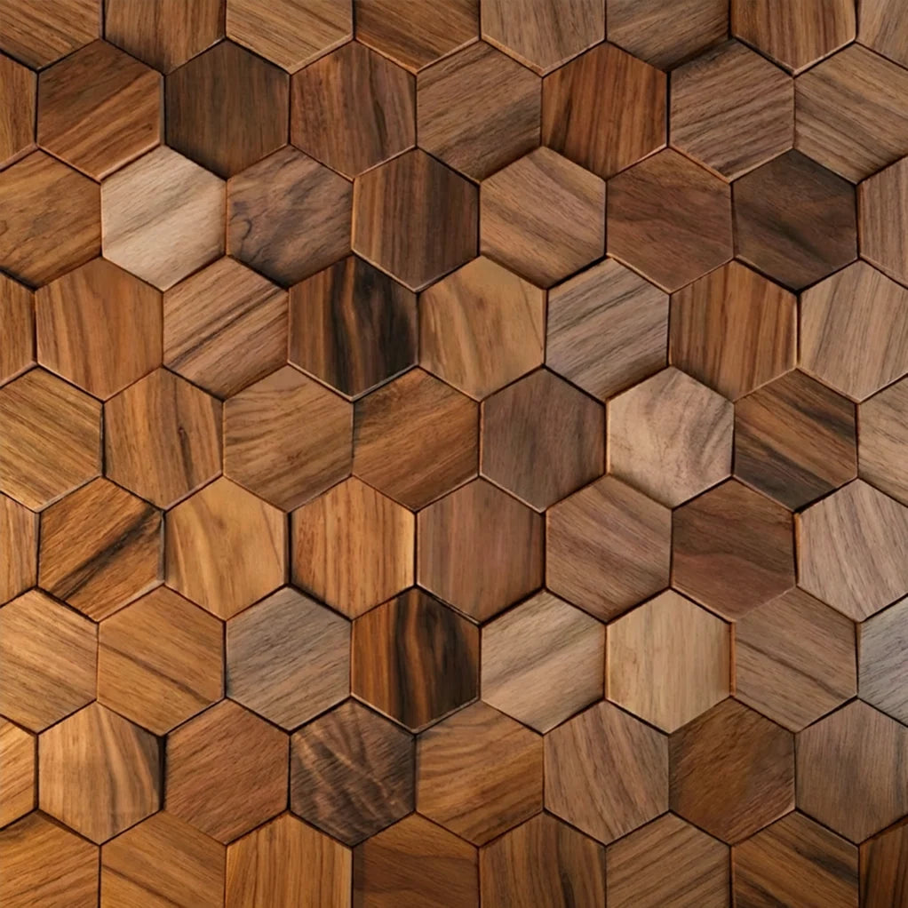 Wall Panel Solid Wood Hexagonal Mosaic Walnut Finish