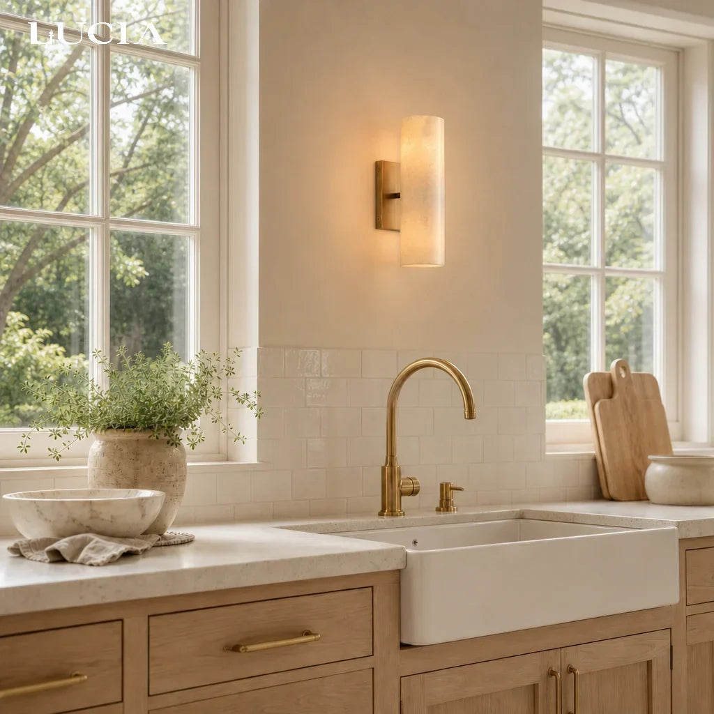 Wall Sconce Alabaster & Ribbed Glass Dimmable