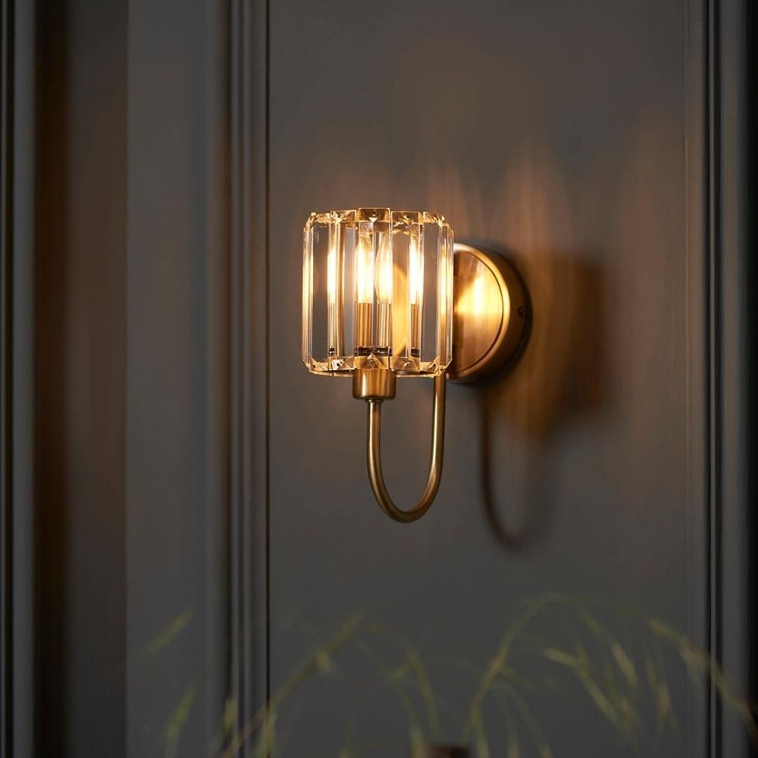 Wall Sconce Antique Brass Finish Faceted Glass Shade
