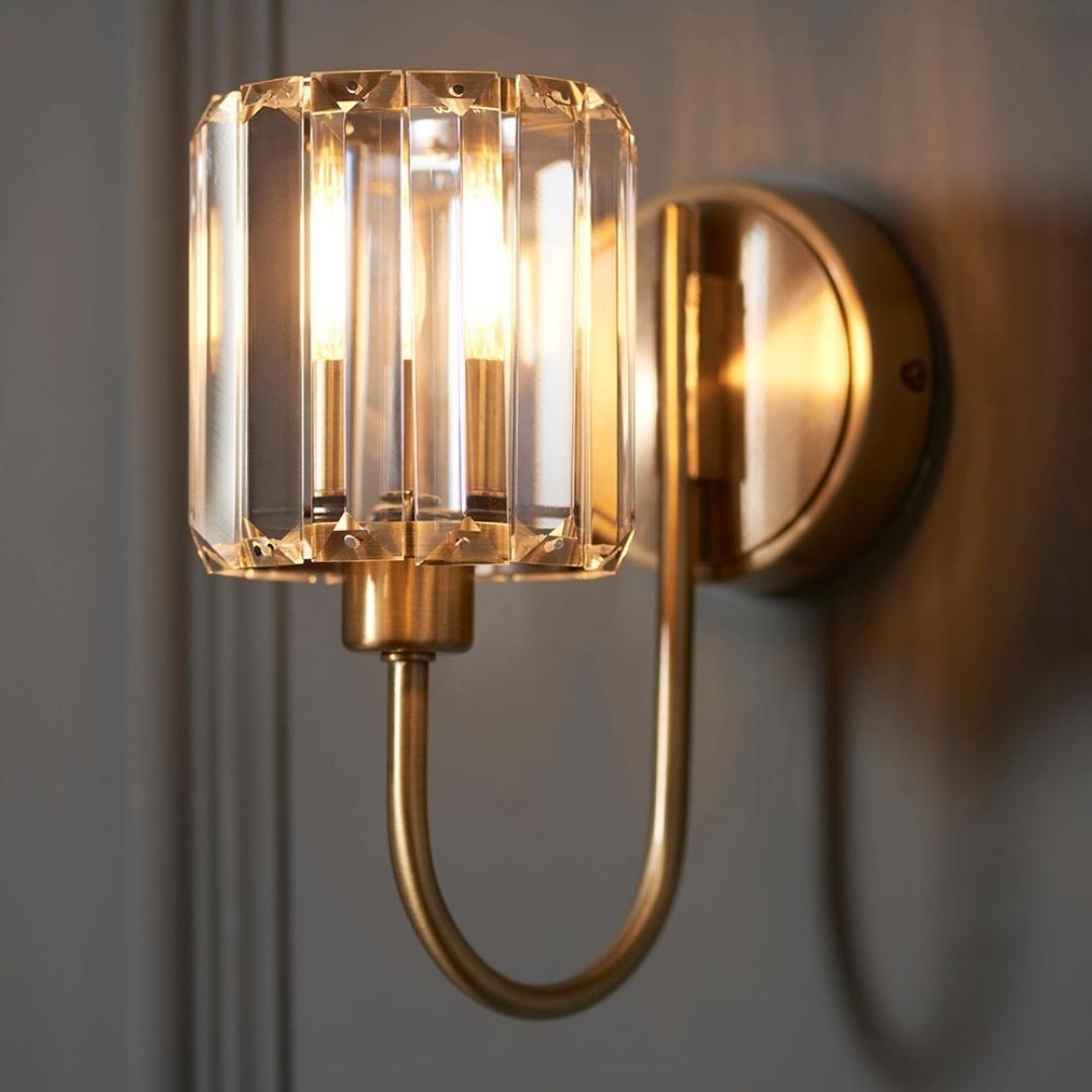 Wall Sconce Antique Brass Finish Faceted Glass Shade