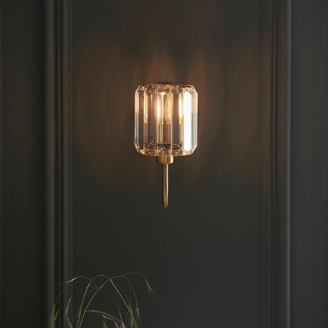 Wall Sconce Antique Brass Finish Faceted Glass Shade