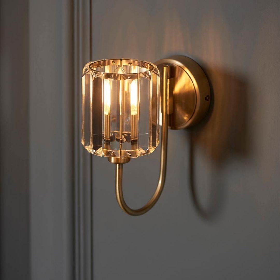 Wall Sconce Antique Brass Finish Faceted Glass Shade