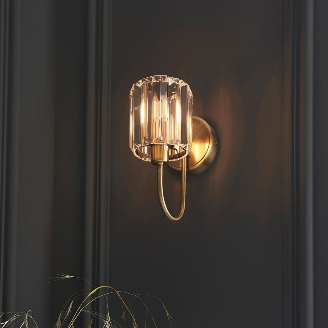 Wall Sconce Antique Brass Finish Faceted Glass Shade
