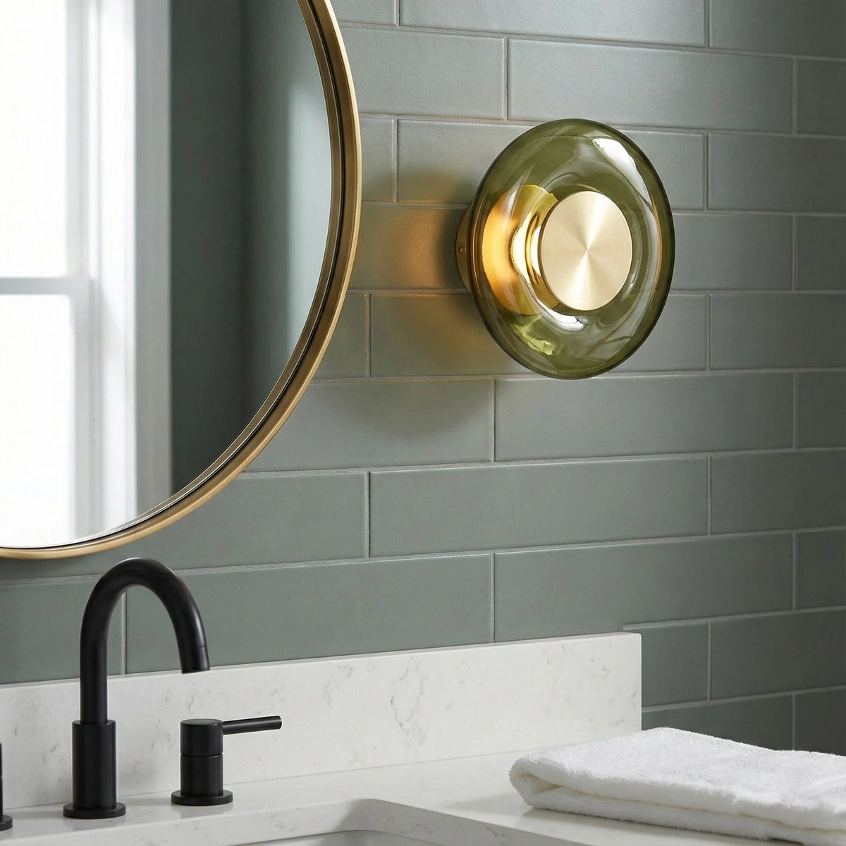 Wall Sconce Hand-Blown Green Glass Gold Finish Integrated LED