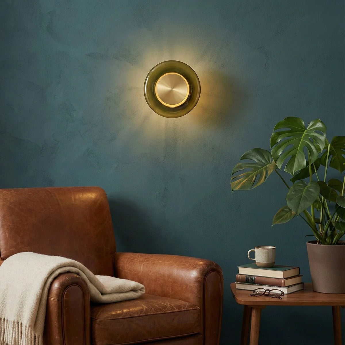 Wall Sconce Hand-Blown Green Glass Gold Finish Integrated LED
