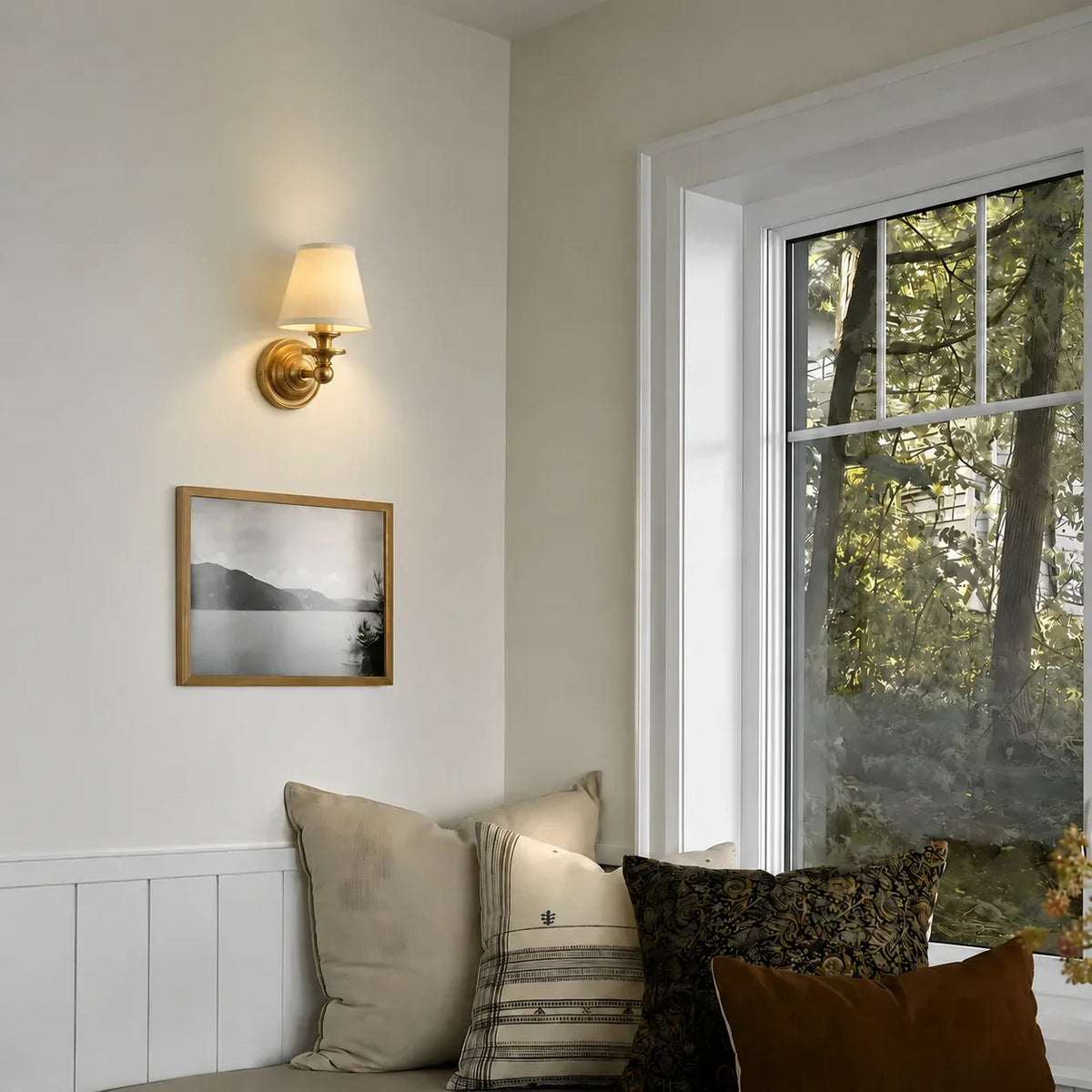Wall Sconce Linen Shade & Brass Finish